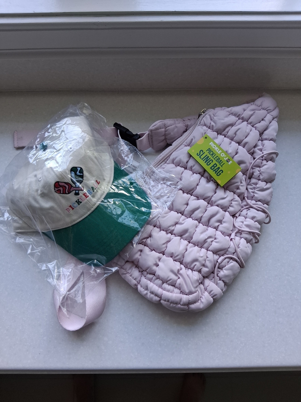 NWT Quilted Light Pink Pickleball Bag And Baseball Cap With Pickleball Theme